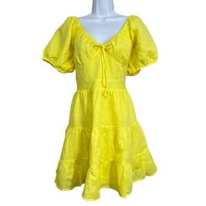 Women Y2k Tiered Milkmaid Dress M Yellow Linen Blend Mini Puff Sleeves Cottage